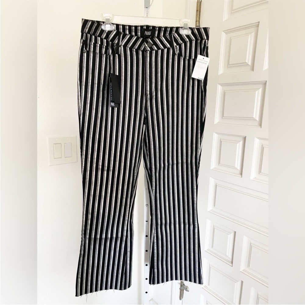 NWT Paige Transcend Silver Black Striped Pants Jeans Cropped Flare Raw Hem Sz 32